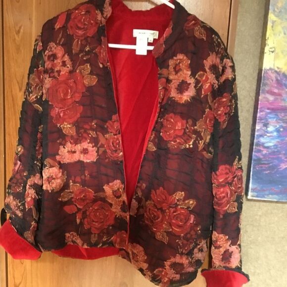 NWOT. Coldwater Creek Women’s Jacket Size Medium Red on Black Floral - Picture 1 of 9